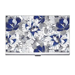 Retro Texture With Blue Flowers, Floral Retro Background, Floral Vintage Texture, White Background W Business Card Holder