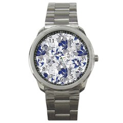 Retro Texture With Blue Flowers, Floral Retro Background, Floral Vintage Texture, White Background W Sport Metal Watch by nateshop