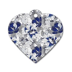 Retro Texture With Blue Flowers, Floral Retro Background, Floral Vintage Texture, White Background W Dog Tag Heart (one Side) by nateshop