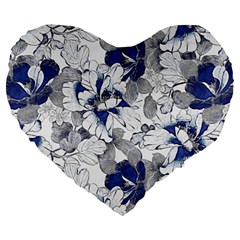 Retro Texture With Blue Flowers, Floral Retro Background, Floral Vintage Texture, White Background W Large 19  Premium Flano Heart Shape Cushions by nateshop