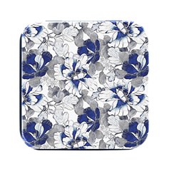 Retro Texture With Blue Flowers, Floral Retro Background, Floral Vintage Texture, White Background W Square Metal Box (black) by nateshop