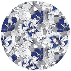 Retro Texture With Blue Flowers, Floral Retro Background, Floral Vintage Texture, White Background W Wooden Puzzle Round by nateshop