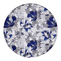 Retro Texture With Blue Flowers, Floral Retro Background, Floral Vintage Texture, White Background W Round Glass Fridge Magnet (4 Pack) by nateshop