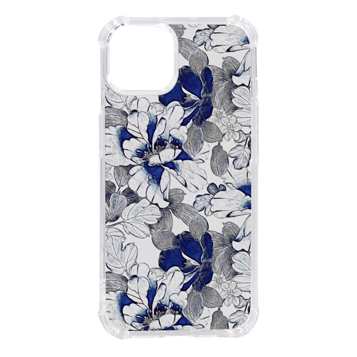 Retro Texture With Blue Flowers, Floral Retro Background, Floral Vintage Texture, White Background W iPhone 14 TPU UV Print Case