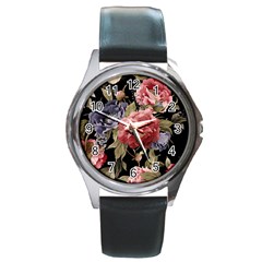 Retro Texture With Flowers, Black Background With Flowers Round Metal Watch by nateshop