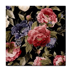 Retro Texture With Flowers, Black Background With Flowers Tile Coaster by nateshop