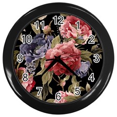 Retro Texture With Flowers, Black Background With Flowers Wall Clock (black) by nateshop