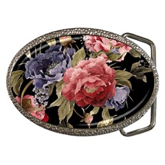 Retro Texture With Flowers, Black Background With Flowers Belt Buckles by nateshop