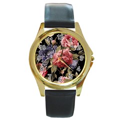 Retro Texture With Flowers, Black Background With Flowers Round Gold Metal Watch by nateshop