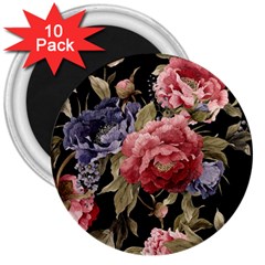 Retro Texture With Flowers, Black Background With Flowers 3  Magnets (10 Pack)  by nateshop