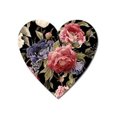 Retro Texture With Flowers, Black Background With Flowers Heart Magnet by nateshop