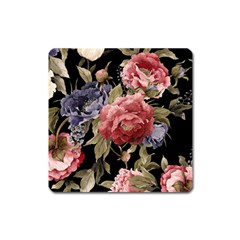 Retro Texture With Flowers, Black Background With Flowers Square Magnet by nateshop