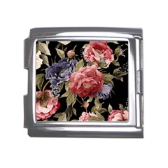 Retro Texture With Flowers, Black Background With Flowers Mega Link Italian Charm (18mm) by nateshop