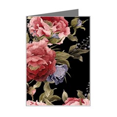 Retro Texture With Flowers, Black Background With Flowers Mini Greeting Card by nateshop