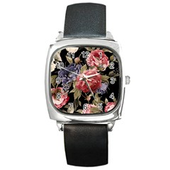 Retro Texture With Flowers, Black Background With Flowers Square Metal Watch by nateshop