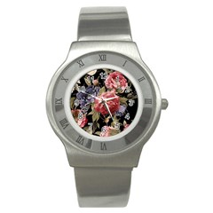 Retro Texture With Flowers, Black Background With Flowers Stainless Steel Watch by nateshop