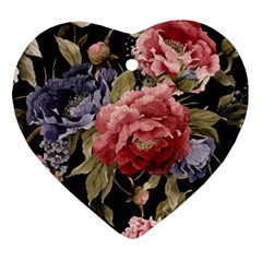 Retro Texture With Flowers, Black Background With Flowers Heart Ornament (two Sides) by nateshop