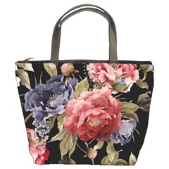 Retro Texture With Flowers, Black Background With Flowers Bucket Bag by nateshop