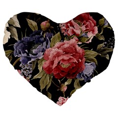 Retro Texture With Flowers, Black Background With Flowers Large 19  Premium Flano Heart Shape Cushions by nateshop