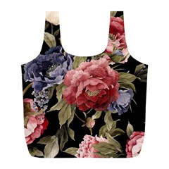 Retro Texture With Flowers, Black Background With Flowers Full Print Recycle Bag (l) by nateshop