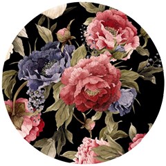 Retro Texture With Flowers, Black Background With Flowers Wooden Puzzle Round by nateshop