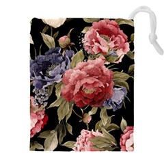 Retro Texture With Flowers, Black Background With Flowers Drawstring Pouch (4xl) by nateshop