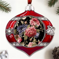 Retro Texture With Flowers, Black Background With Flowers Metal Snowflake And Bell Red Ornament by nateshop