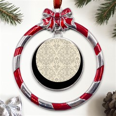 Retro Texture With Ornaments, Vintage Beige Background Metal Red Ribbon Round Ornament by nateshop