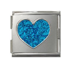 Blue Floral Pattern Texture, Floral Ornaments Texture Mega Link Heart Italian Charm (18mm) by nateshop