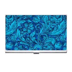 Blue Floral Pattern Texture, Floral Ornaments Texture Business Card Holder by nateshop