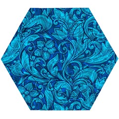 Blue Floral Pattern Texture, Floral Ornaments Texture Wooden Puzzle Hexagon by nateshop