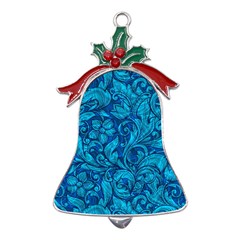 Blue Floral Pattern Texture, Floral Ornaments Texture Metal Holly Leaf Bell Ornament by nateshop