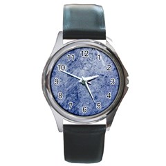 Blue Grunge Texture, Wall Texture, Blue Retro Background Round Metal Watch by nateshop