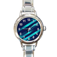 Blue Neon Lines, Blue Background, Abstract Background Round Italian Charm Watch by nateshop