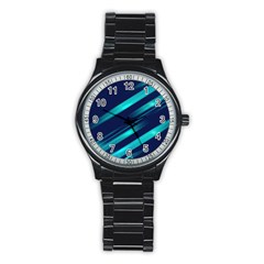 Blue Neon Lines, Blue Background, Abstract Background Stainless Steel Round Watch by nateshop