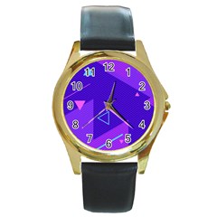 Purple Geometric Abstraction, Purple Neon Background Round Gold Metal Watch by nateshop