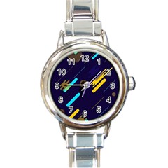 Blue Background Geometric Abstrac Round Italian Charm Watch by nateshop