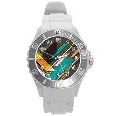 Material Design, Lines, Retro Abstract Art, Geometry Round Plastic Sport Watch (l) by nateshop