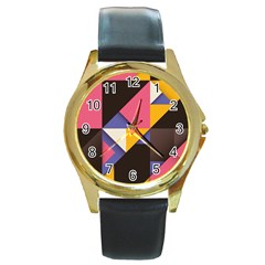 Retro Colorful Background, Geometric Abstraction Round Gold Metal Watch by nateshop