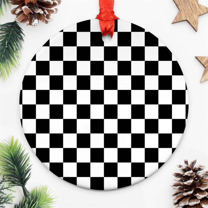 Black White Checker Pattern Checkerboard Round Ornament (Two Sides)