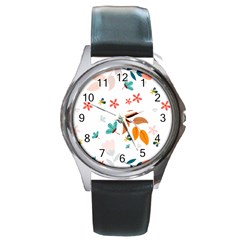 Flowers Leaves Background Floral Round Metal Watch by Grandong