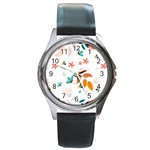 Flowers Leaves Background Floral Round Metal Watch Front