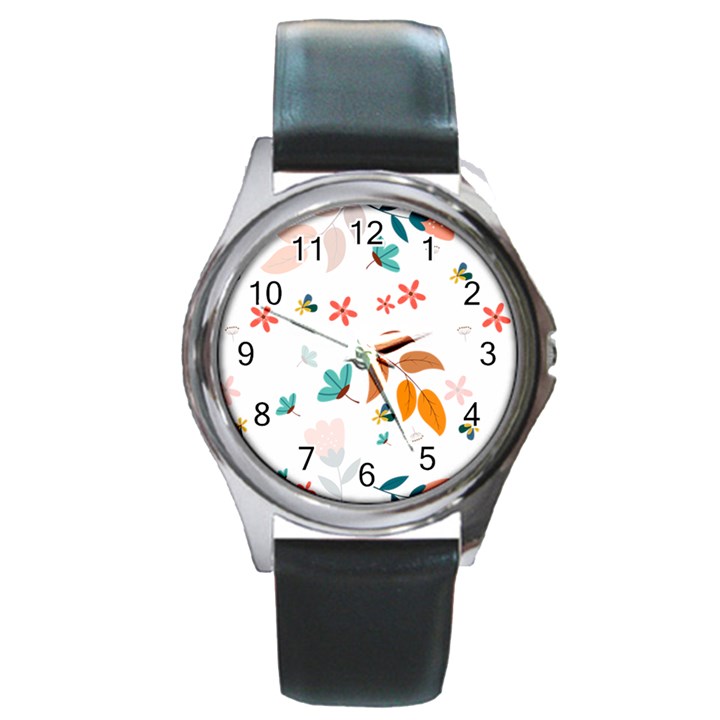 Flowers Leaves Background Floral Round Metal Watch