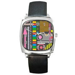 Pattern Geometric Abstract Colorful Arrows Lines Circles Triangles Square Metal Watch by Grandong