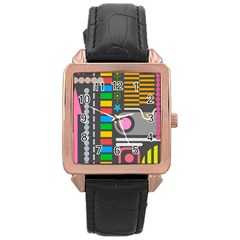 Pattern Geometric Abstract Colorful Arrows Lines Circles Triangles Rose Gold Leather Watch  by Grandong