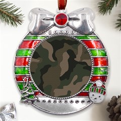 Camo, Abstract, Beige, Black, Brown Military, Mixed, Olive Metal X mas Ribbon With Red Crystal Round Ornament by nateshop