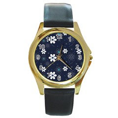 Flowers Pattern , Pattern, Flowers, Texture Round Gold Metal Watch