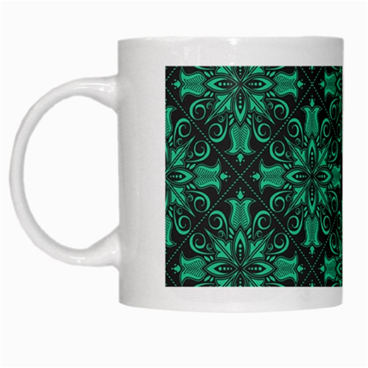 Green Damask Pattern Vintage Floral Pattern, Green Vintage White Mug