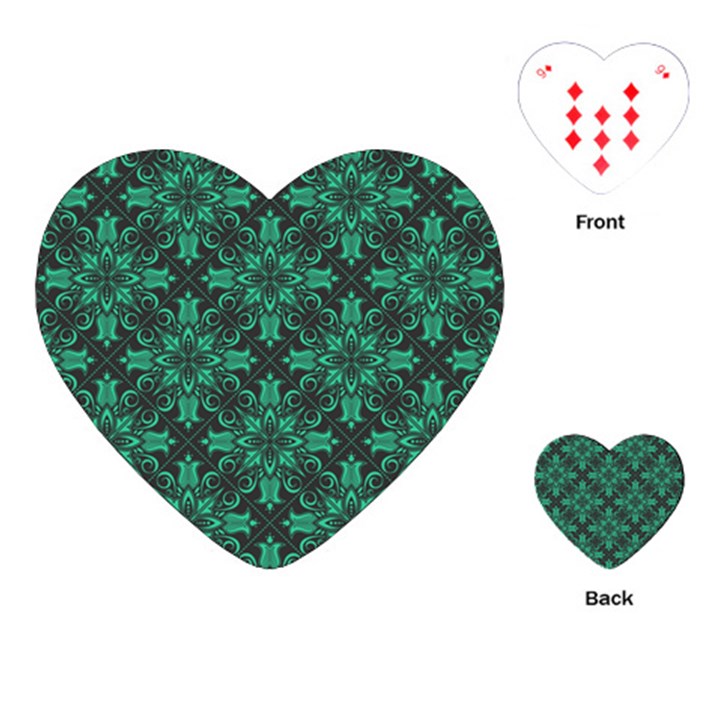 Green Damask Pattern Vintage Floral Pattern, Green Vintage Playing Cards Single Design (Heart)