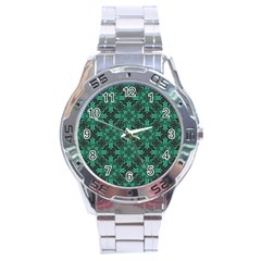 Green Damask Pattern Vintage Floral Pattern, Green Vintage Stainless Steel Analogue Watch by nateshop